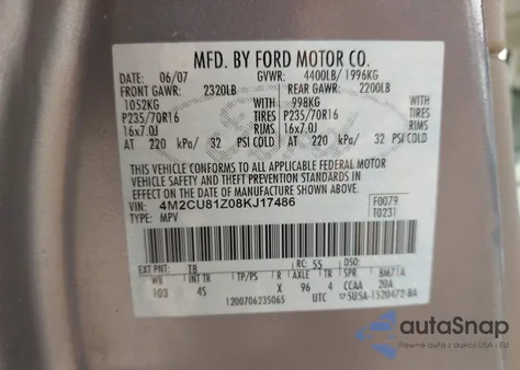 2008 Mercury Mariner I4 z USA, uszkodzony, nr VIN 4M2CU81Z08KJ17486